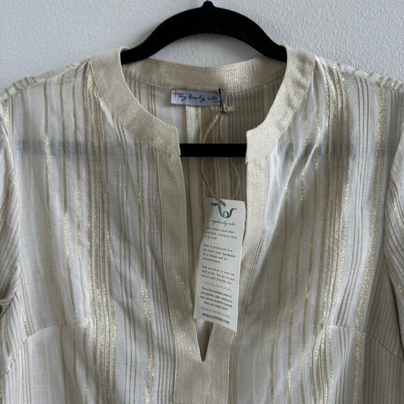 MY BEACHY SIDE Metallic Stripe Cotton Dress Asymmetrical Gold Resort Coverup - Picture 6 of 7